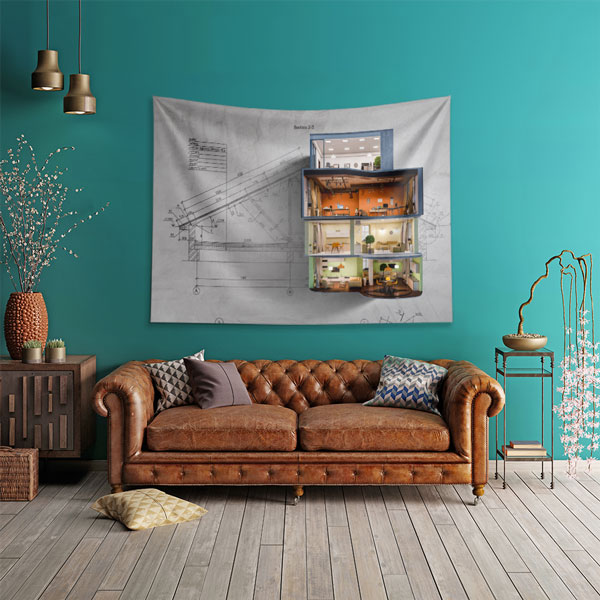 Mimari Oda Tasarımlı Kat Planı Duvar Örtüsü Kumaş Baskı 5601