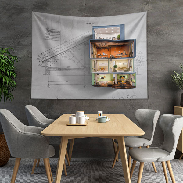 Mimari Oda Tasarımlı Kat Planı Duvar Örtüsü Kumaş Baskı 5601