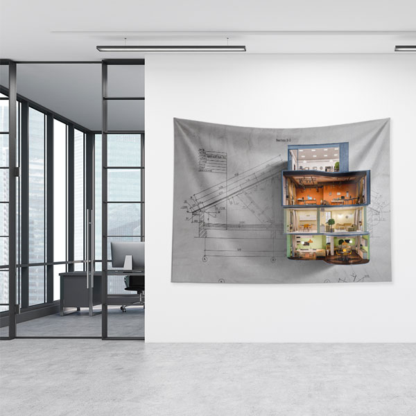 Mimari Oda Tasarımlı Kat Planı Duvar Örtüsü Kumaş Baskı 5601