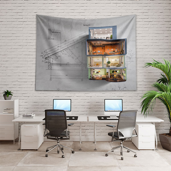 Mimari Oda Tasarımlı Kat Planı Duvar Örtüsü Kumaş Baskı 5601