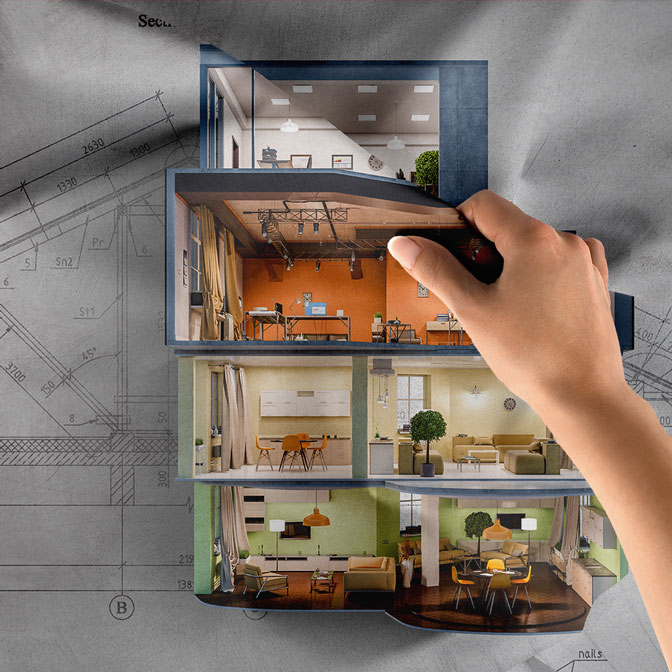 Mimari Oda Tasarımlı Kat Planı Duvar Örtüsü Kumaş Baskı 5601