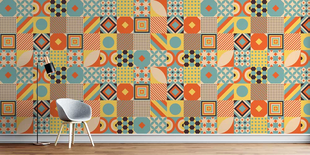 Retro Geometrik Patchwork Desen Duvar Kağıdı 7434