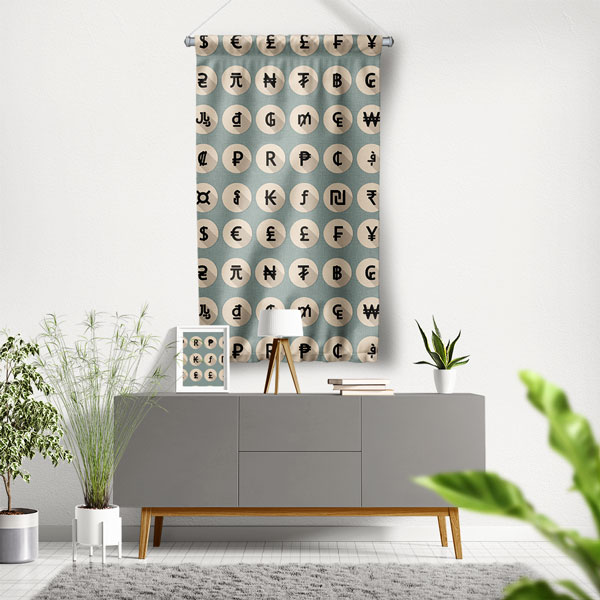 Para Birimleri Sembolleri Tasarımlı Duvar Flaması Kumaş Baskı 5363