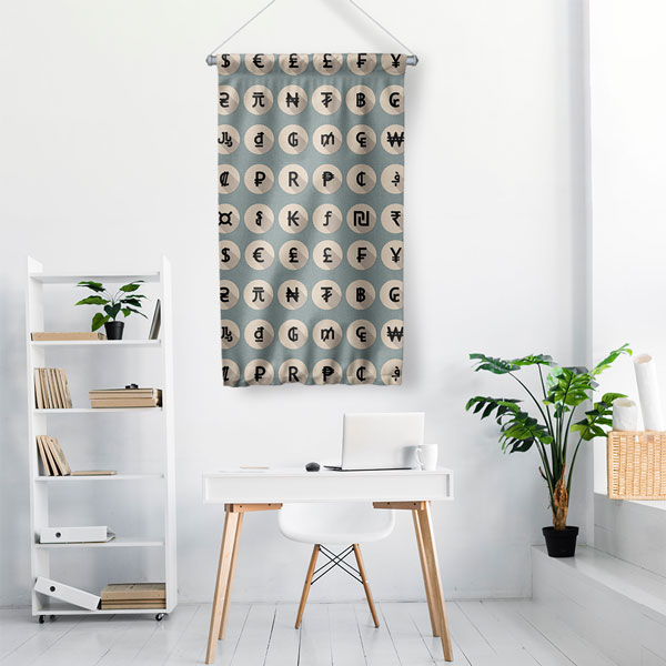 Para Birimleri Sembolleri Tasarımlı Duvar Flaması Kumaş Baskı 5363