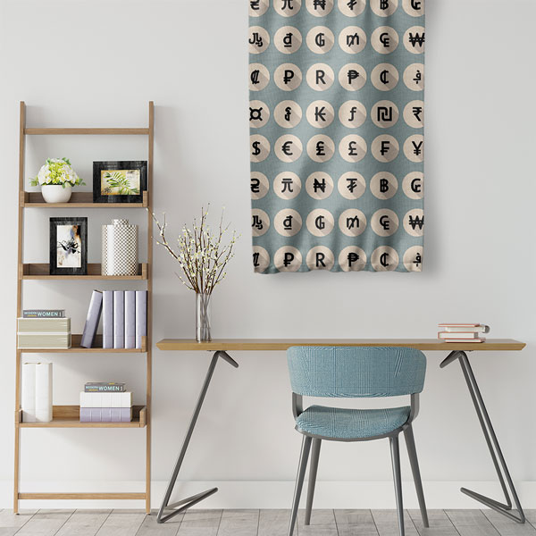 Para Birimleri Sembolleri Tasarımlı Duvar Flaması Kumaş Baskı 5363