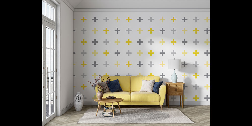 Sarı Gri Artı Desenli Modern Desen Sanatı Duvar Kaplaması 5177