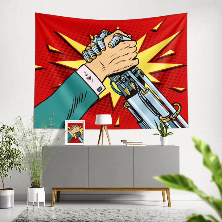 ofis-dekorasyonu-5493-00 Endüstri Mühendislik Temalı Robot ve İnsan El Sıkışması Duvar Örtüsü 5493