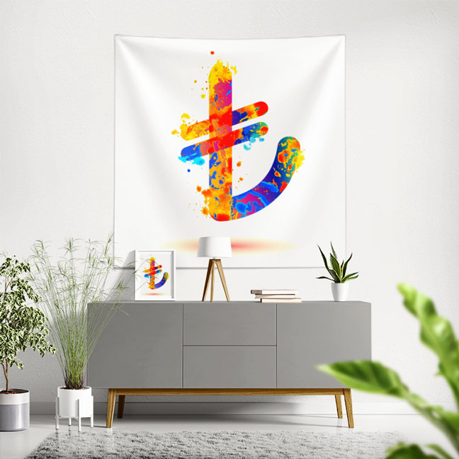 Renkli Türk Lirası Sembolü Tasarımlı Duvar Örtüsü Kumaş Baskı 5357