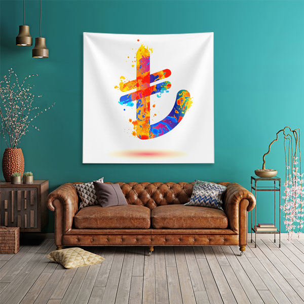 Renkli Türk Lirası Sembolü Tasarımlı Duvar Örtüsü Kumaş Baskı 5357