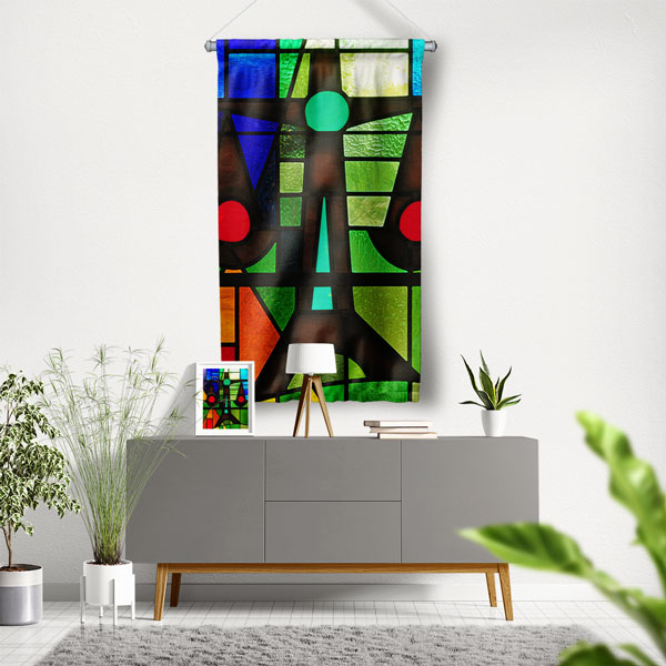 ofis-duvar-dekoru-5316-00 Renkli Vitray Desenli Hukuk Temalı Duvar Flaması 5316