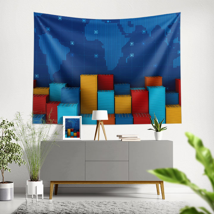 Renkli Konteyner ve Dünya Haritası Tasarımlı Duvar Örtüsü Kumaş Baskı 5355