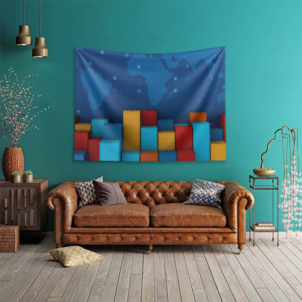 Renkli Konteyner ve Dünya Haritası Tasarımlı Duvar Örtüsü Kumaş Baskı 5355