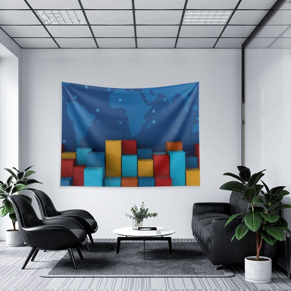 Renkli Konteyner ve Dünya Haritası Tasarımlı Duvar Örtüsü Kumaş Baskı 5355