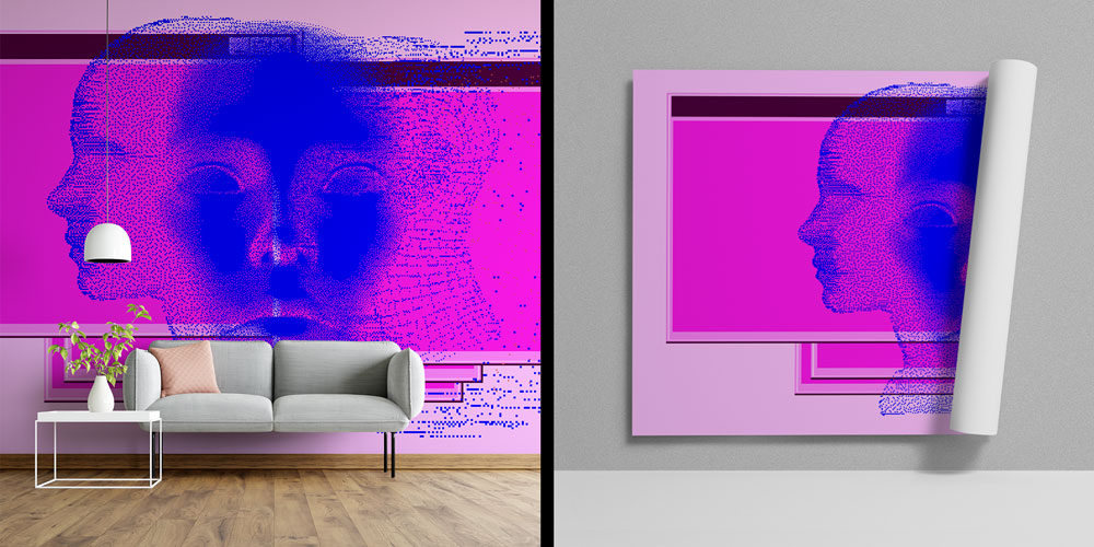 ofis-duvar-kagidi-5402-00 Soyut Dijital Yüz Kompozisyonlu Futuristik Duvar Kağıdı 5402