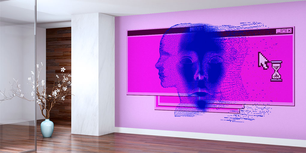 Soyut Dijital Yüz Kompozisyonlu Futuristik Duvar Kağıdı 5402