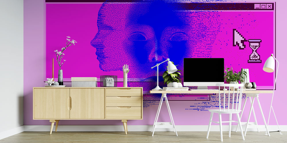 Soyut Dijital Yüz Kompozisyonlu Futuristik Duvar Kağıdı 5402