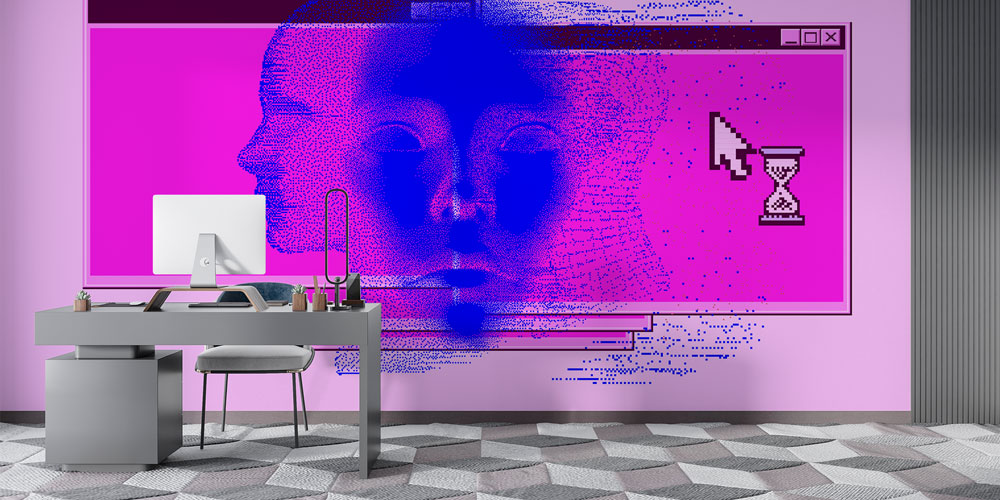 Soyut Dijital Yüz Kompozisyonlu Futuristik Duvar Kağıdı 5402