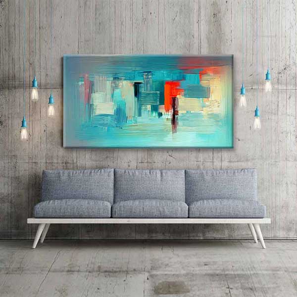 Turkuaz Zemin Modern Soyut Şehir Dokulu Kanvas Tablo 4141