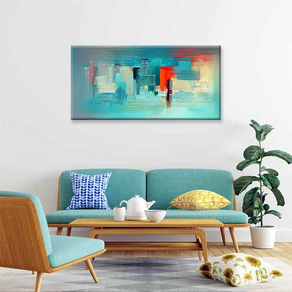 Turkuaz Zemin Modern Soyut Şehir Dokulu Kanvas Tablo 4141