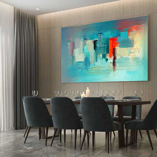 Turkuaz Zemin Modern Soyut Şehir Dokulu Kanvas Tablo 4141