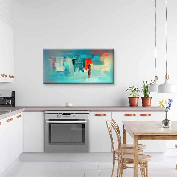 Turkuaz Zemin Modern Soyut Şehir Dokulu Kanvas Tablo 4141