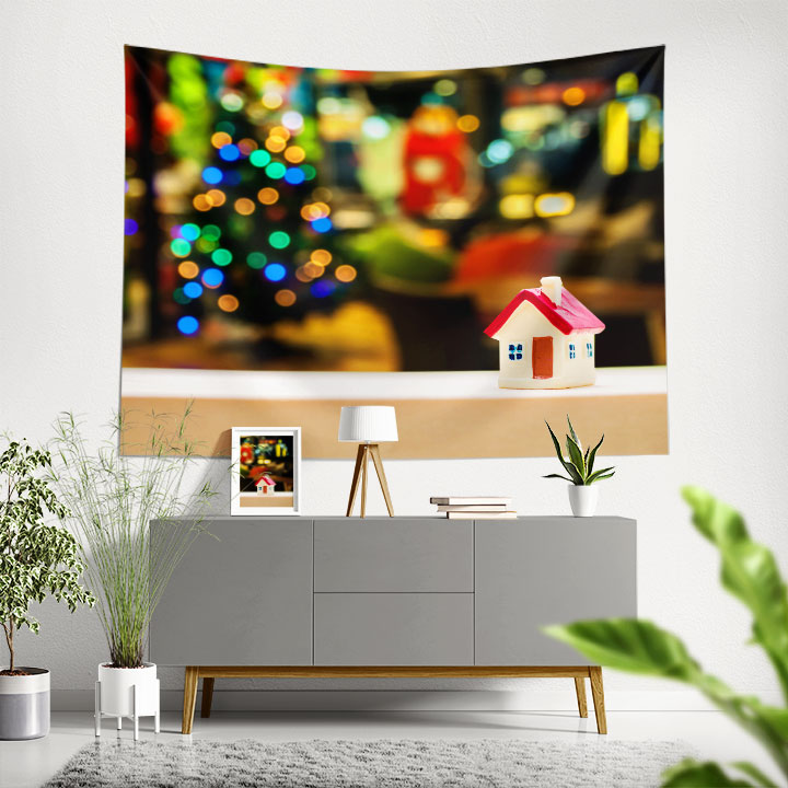 Mini Ev Figürlü Renkli Işıklar Temalı Duvar Örtüsü Kumaş Baskı 5590