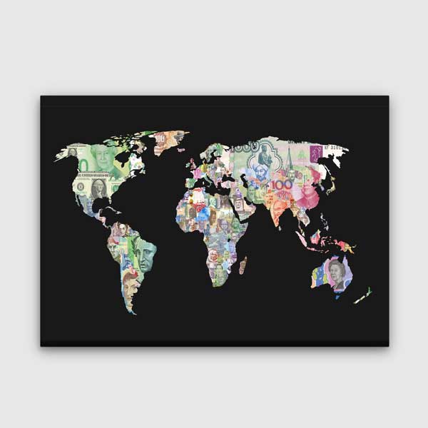 Para Birimleriyle Tasarlanmış Dünya Haritası Kanvas Duvar Tablosu – 5328