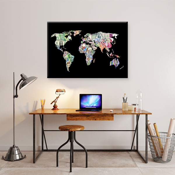 Para Birimleriyle Tasarlanmış Dünya Haritası Kanvas Duvar Tablosu – 5328