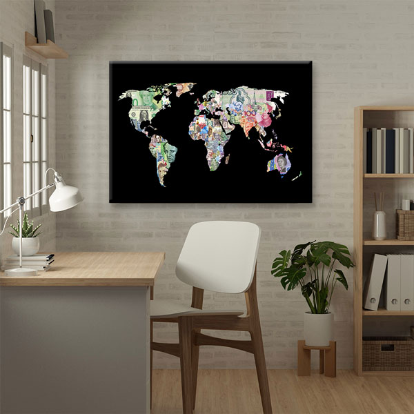 Para Birimleriyle Tasarlanmış Dünya Haritası Kanvas Duvar Tablosu – 5328