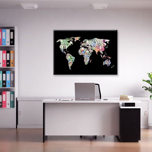 Para Birimleriyle Tasarlanmış Dünya Haritası Kanvas Duvar Tablosu – 5328