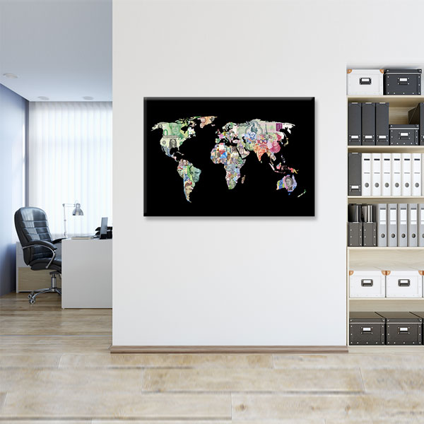 Para Birimleriyle Tasarlanmış Dünya Haritası Kanvas Duvar Tablosu – 5328