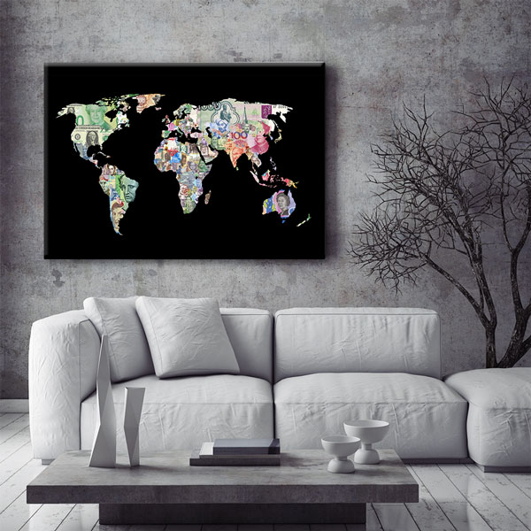 Para Birimleriyle Tasarlanmış Dünya Haritası Kanvas Duvar Tablosu – 5328