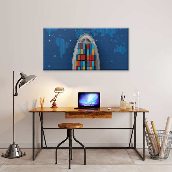 ofis-tablolar-dekorasyon-5331-01 Konteyner Gemisi ve Dünya Haritası Lojistik Temalı Kanvas Duvar Tablosu – 5331