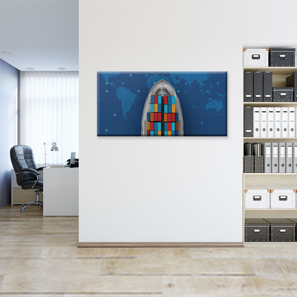 ofis-tablolar-dekorasyon-5331-03 Konteyner Gemisi ve Dünya Haritası Lojistik Temalı Kanvas Duvar Tablosu – 5331