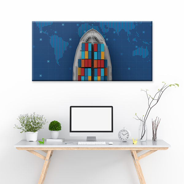 ofis-tablolar-dekorasyon-5331-04 Konteyner Gemisi ve Dünya Haritası Lojistik Temalı Kanvas Duvar Tablosu – 5331