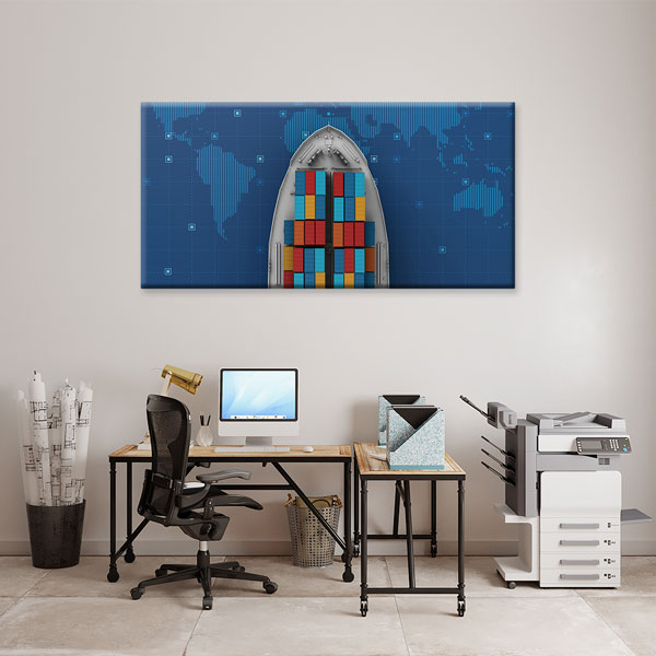 ofis-tablolar-dekorasyon-5331-05 Konteyner Gemisi ve Dünya Haritası Lojistik Temalı Kanvas Duvar Tablosu – 5331