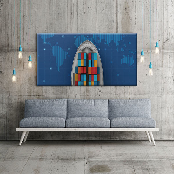 ofis-tablolar-dekorasyon-5331-07 Konteyner Gemisi ve Dünya Haritası Lojistik Temalı Kanvas Duvar Tablosu – 5331