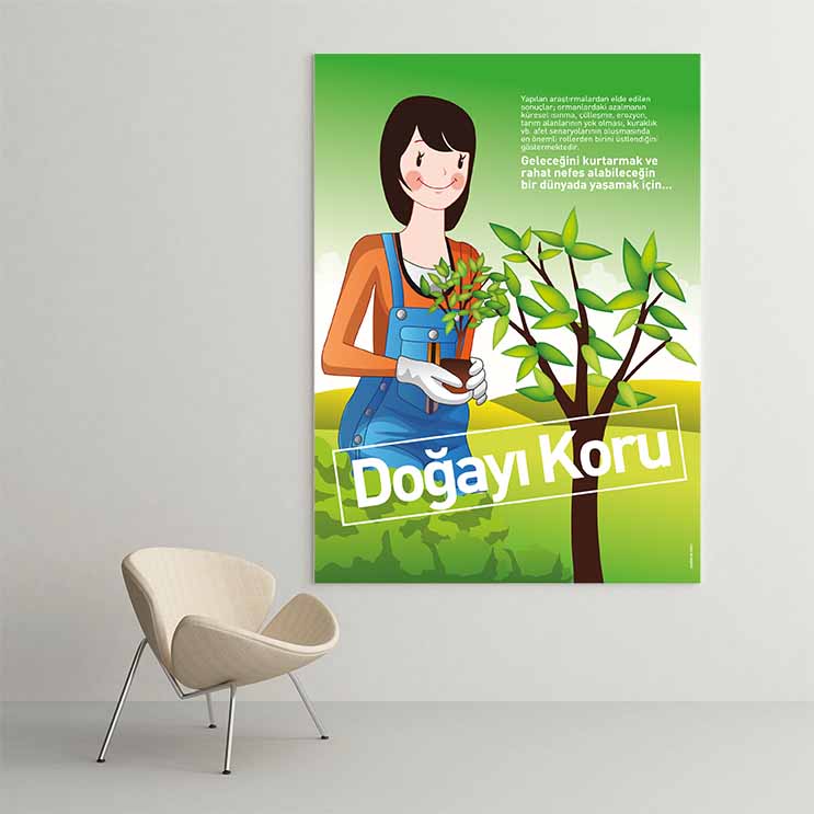 "Doğayı Koru" Kız Çocuğu ve Fidan Temalı Çevre Bilinci Posteri – B-702