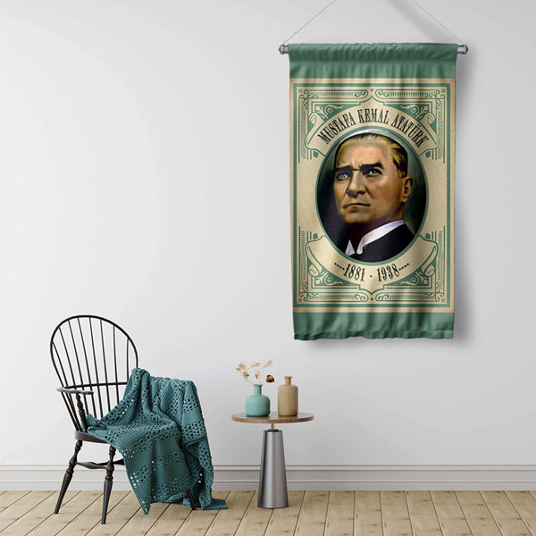 Atatürk Portreli Yeşil Çerçeveli Duvar Flaması Kumaş Baskı 8078