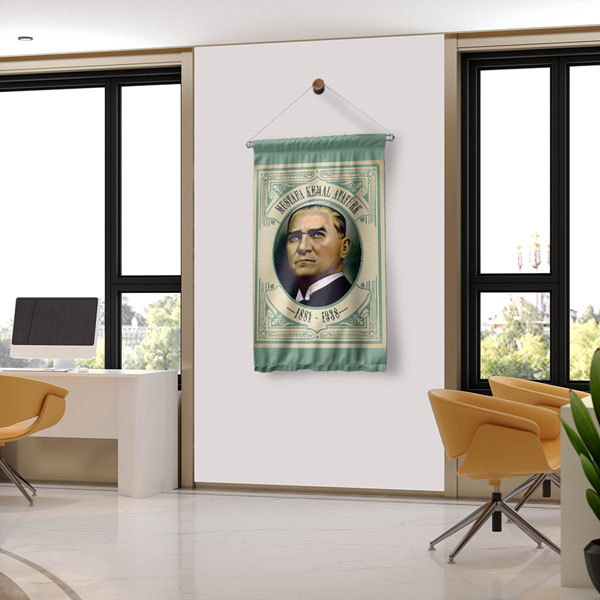 Atatürk Portreli Yeşil Çerçeveli Duvar Flaması Kumaş Baskı 8078