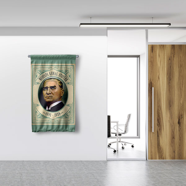 Atatürk Portreli Yeşil Çerçeveli Duvar Flaması Kumaş Baskı 8078