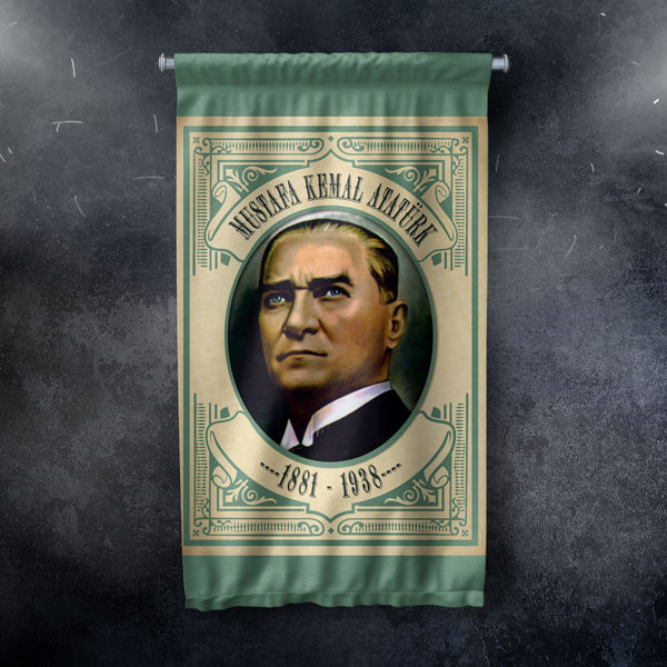 Atatürk Portreli Yeşil Çerçeveli Duvar Flaması Kumaş Baskı 8078