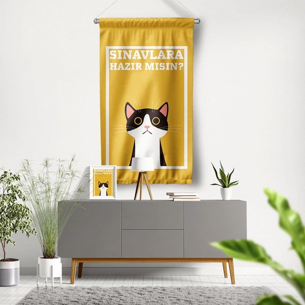 "Sınavlara Hazır Mısın?" Eğlenceli Kedi Tasarımlı Okul ve Sınıf Duvar Flaması 8173
