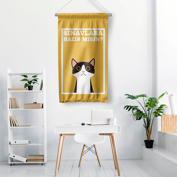 "Sınavlara Hazır Mısın?" Eğlenceli Kedi Tasarımlı Okul ve Sınıf Duvar Flaması 8173
