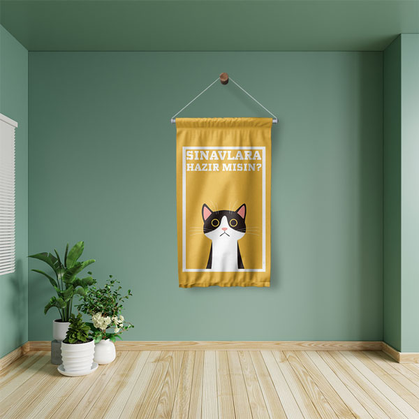 "Sınavlara Hazır Mısın?" Eğlenceli Kedi Tasarımlı Okul ve Sınıf Duvar Flaması 8173