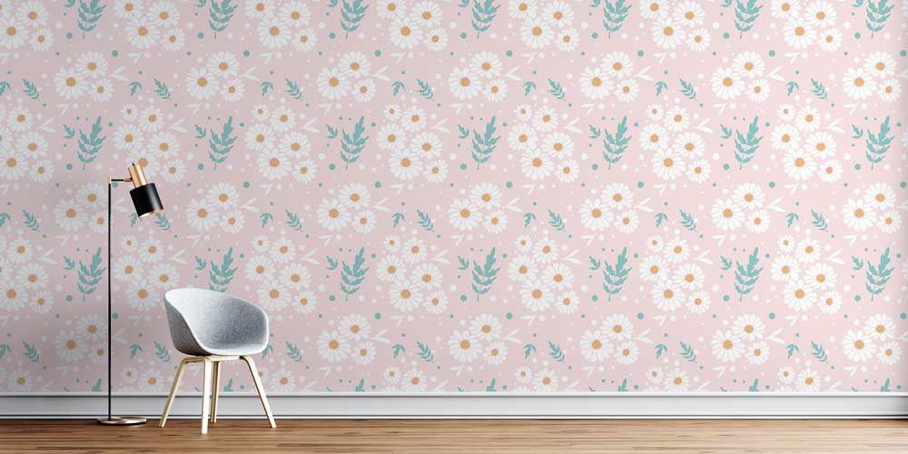 Pudra Pembe Papatya Desenli Botanik Duvar Kağıdı 4275