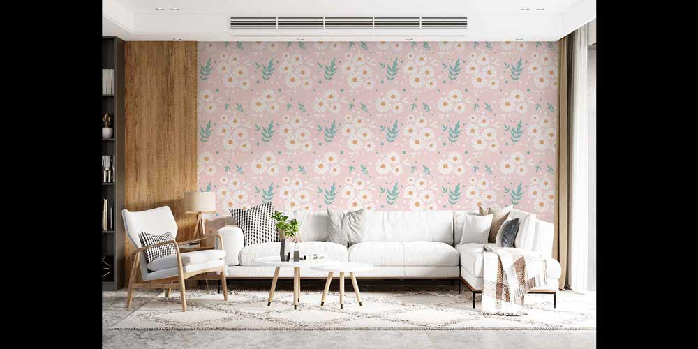 Pudra Pembe Papatya Desenli Botanik Duvar Kağıdı 4275