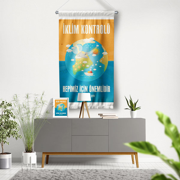 "İklim Kontrolü Hepimiz İçin Önemlidir" Temalı Dünya Küresi Duvar Flaması 8122