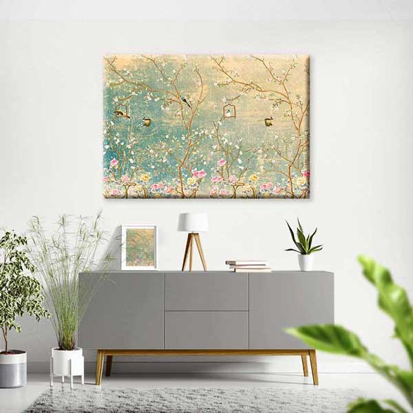 Vintage Kuşlu ve Çiçek Dalları Temalı Kanvas Tablo 4230