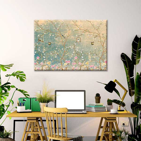 Vintage Kuşlu ve Çiçek Dalları Temalı Kanvas Tablo 4230